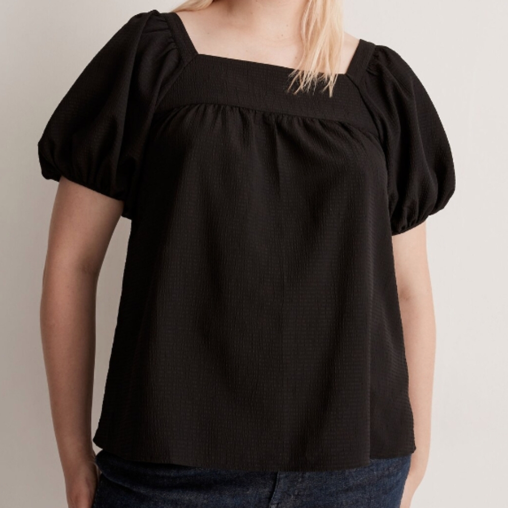Madewell Black Seersucker Bubble-Sleeve Top